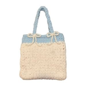 Handmade Cream Light Blue Colorblock Bow Chunky Chenille Knit Tote Bag Purse